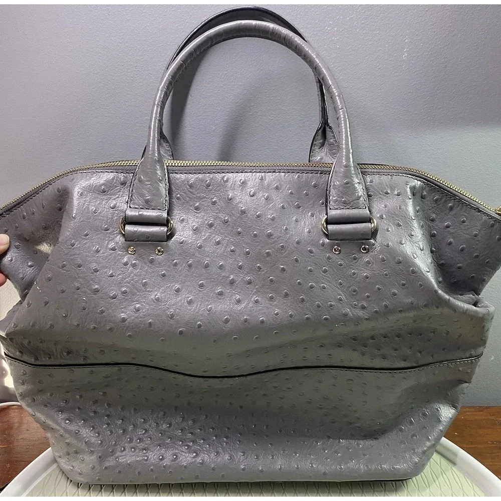 Kate Spade Blaine Windsor Large Gray Ostrich Embossed Leather Satchel Bag‎